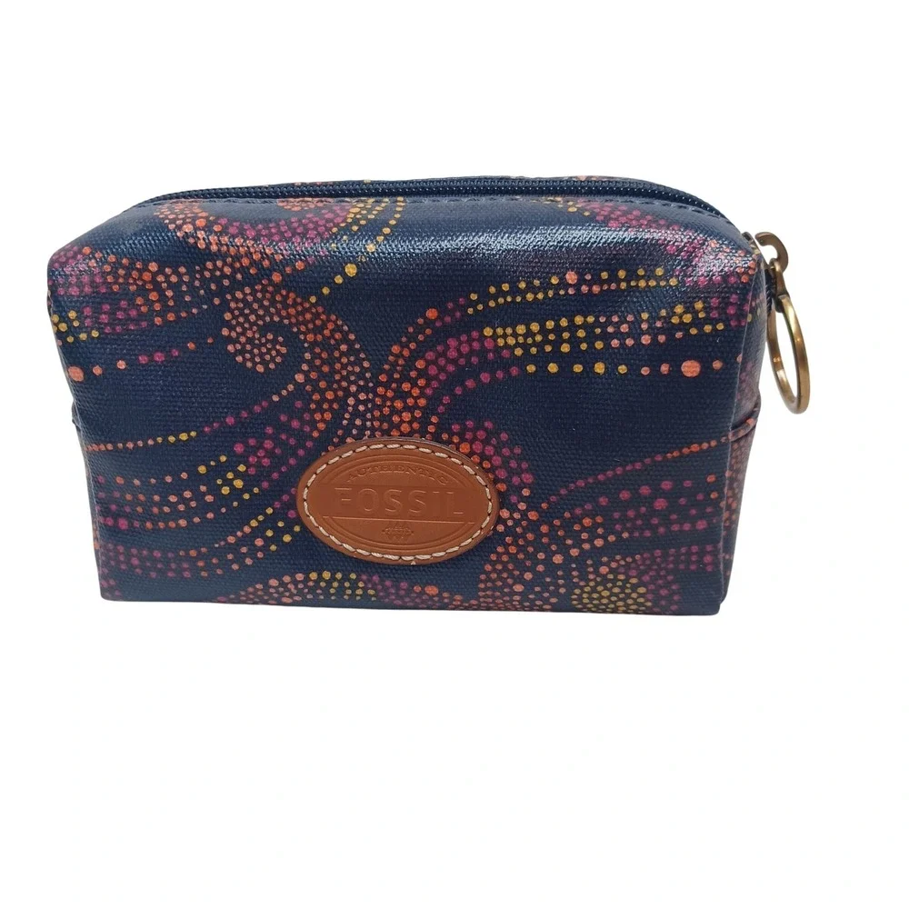 Fossil Blue Dot Swirl Coated Canvas Small Makeup Pouch Coin Bag Brass Ring Pull